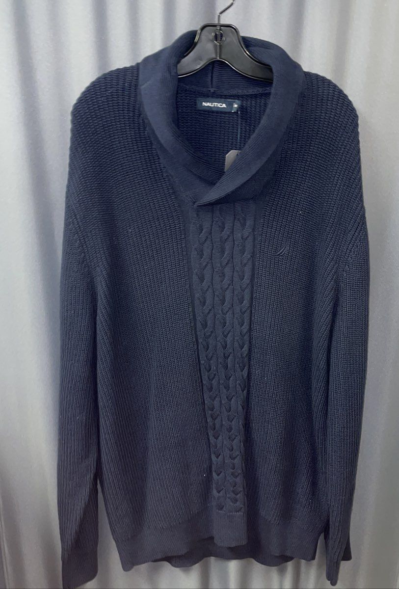 Nautica Men's Shawl Collar Cable Knit Navy Blue Cotton Sweater NWT XXL