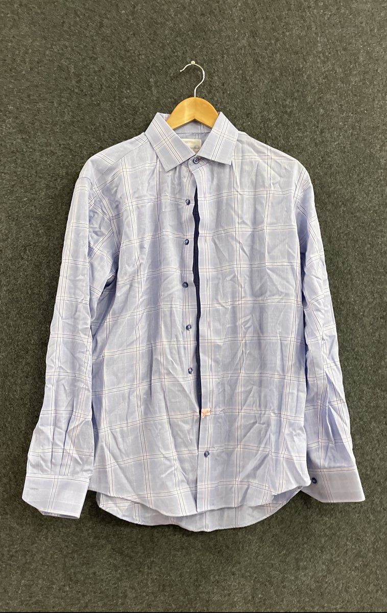 Lorenzo Uomo Men's Blue Glen Plaid Cotton Spread Collar Dress Shirt L/S