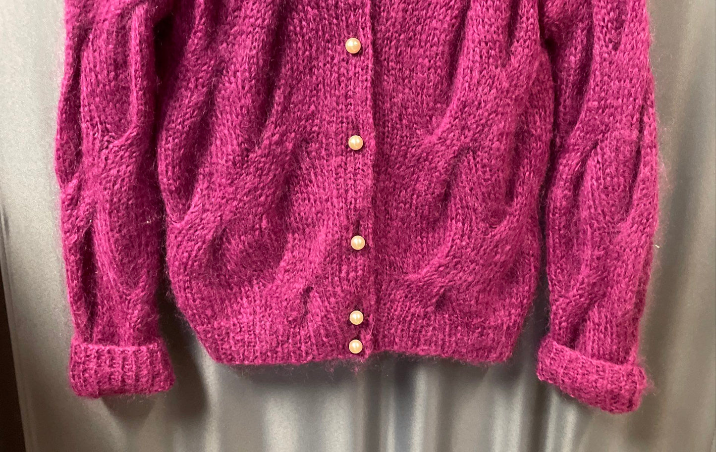 Pridia Women's Fuschia Mohair Wool Cable Knit Pearl Button Cardigan Size M