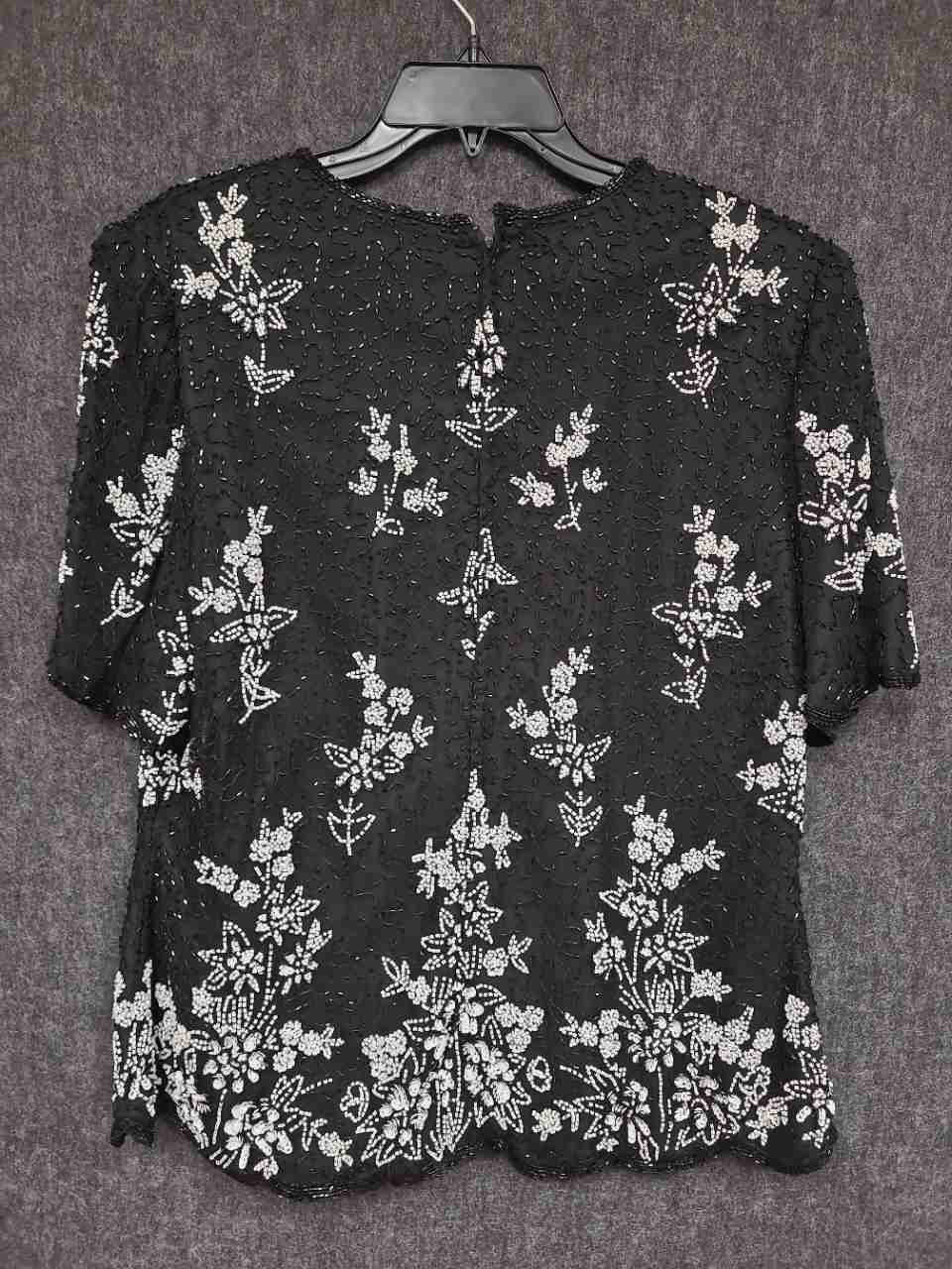 Vintage 90s Laurence Kazar Women's Black Floral Beaded Silk Shirt Blouse Sz XXL