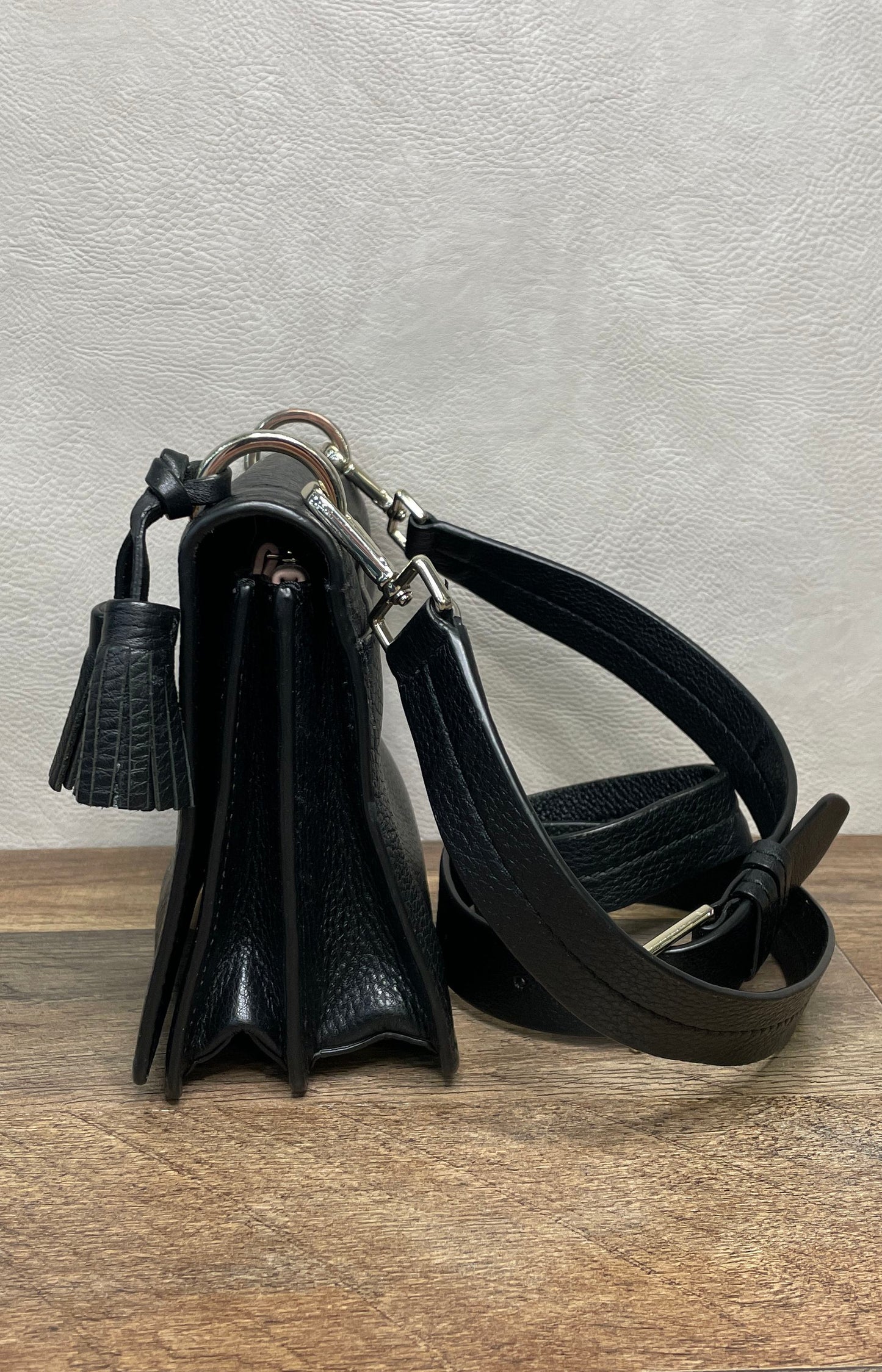 Kate Spade Black Pebbled Leather Flap Crossbody Bag Silver Hardware