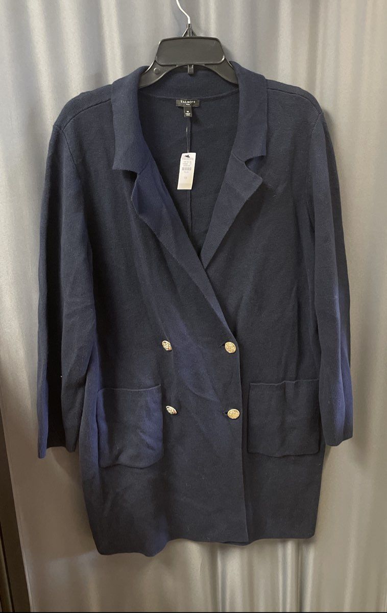 Talbots Women's Navy Blue Double Breasted Cardigan Gold Crest Plus Sz 1X NWT