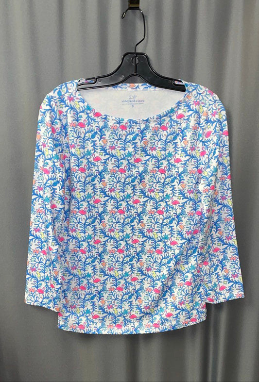 Vineyard Vines Women's Sankaty Top White Blue Flamingo Floral Boat Neck Shirt S
