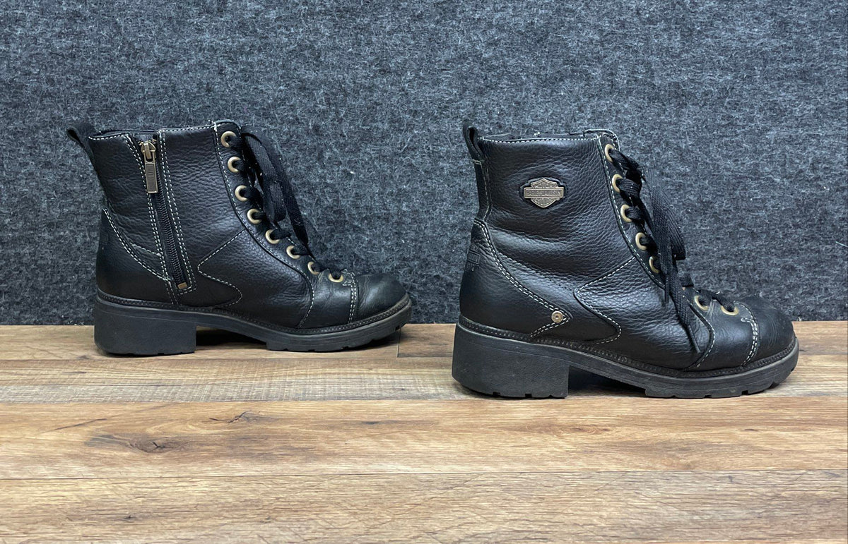 Harley-Davidson Black Leather Lace Up Side Zip Ankle Boots Women's Size 7.5