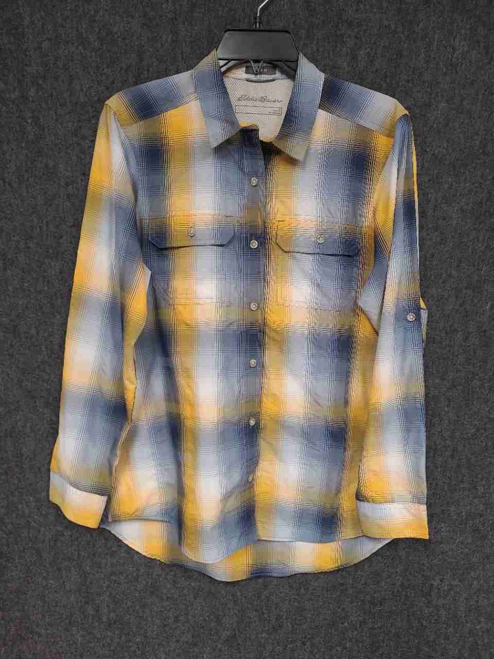Eddie Bauer Women's Yellow Blue Plaid Vented Roll Tab Long Sleeve Shirt Sz S