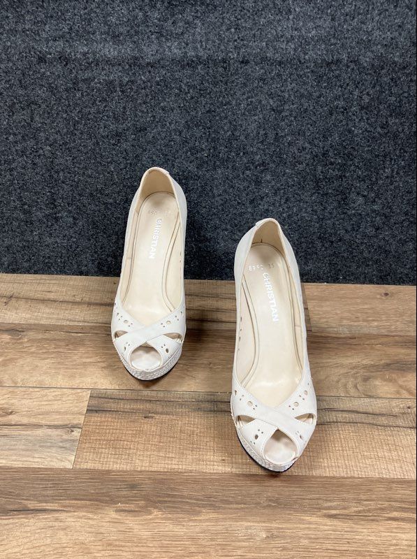 Christian White Leather Peep Toe Laser Cut Platform Pumps Size 35