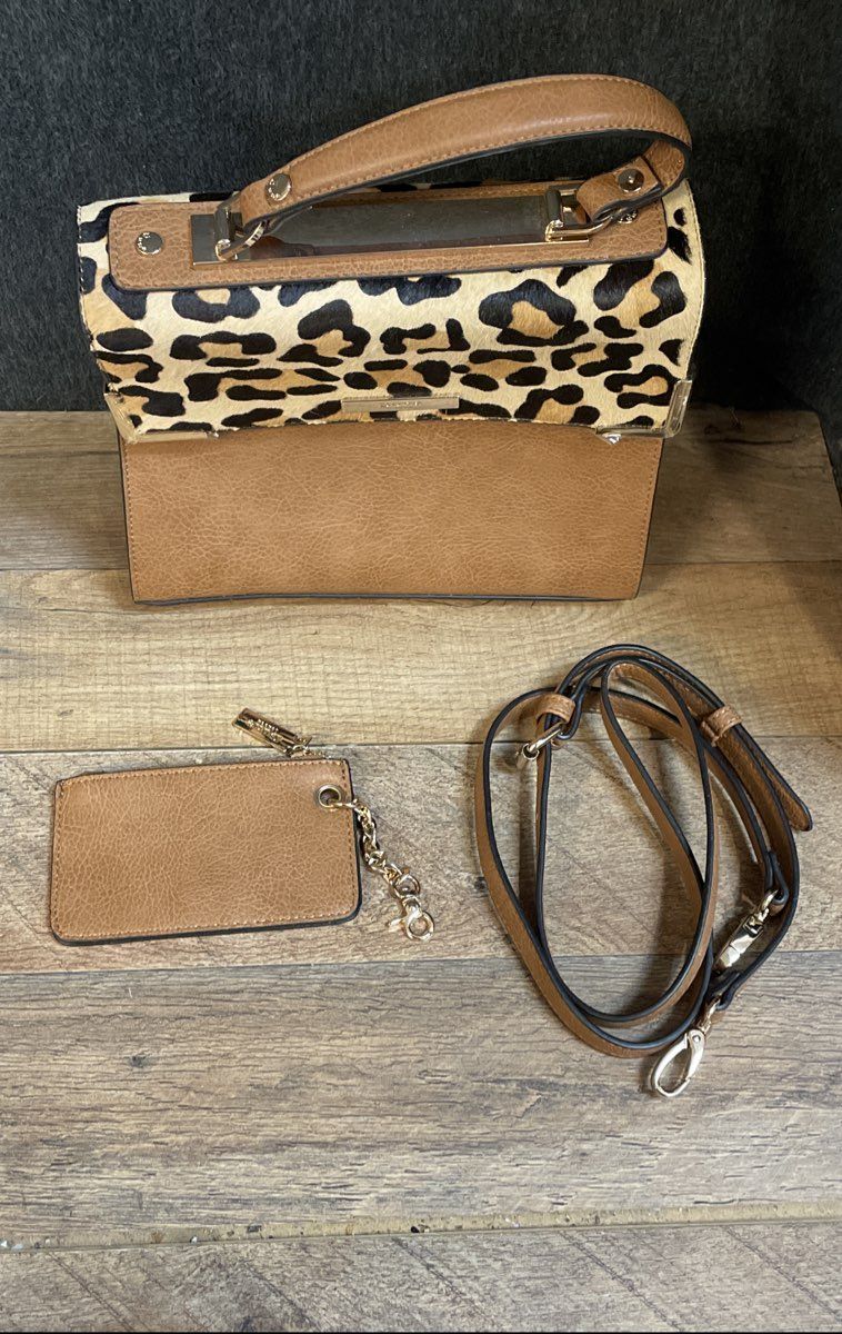 Dune London Tan Leopard Print Satchel Bag with Strap & Wallet Gold Hardware