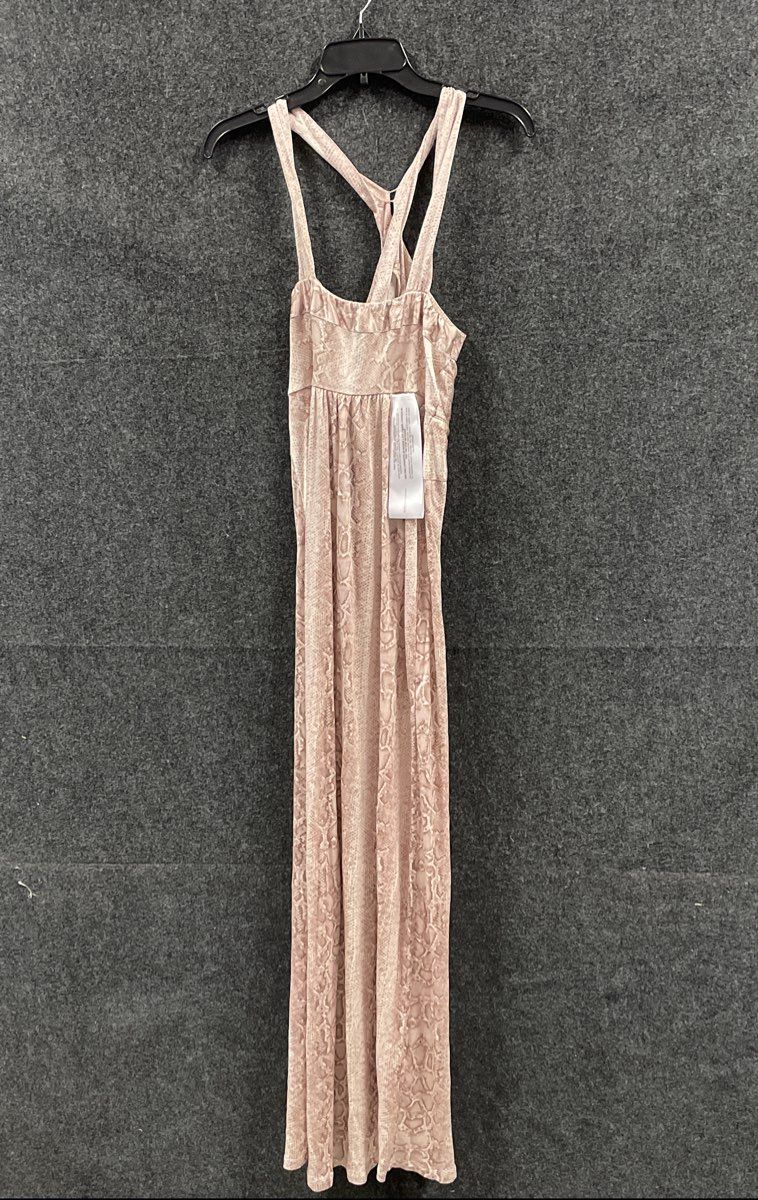 BCBGMAXAZRIA Women's Tan Pink Snakeskin Racerback Knot Maxi Dress Sz S New