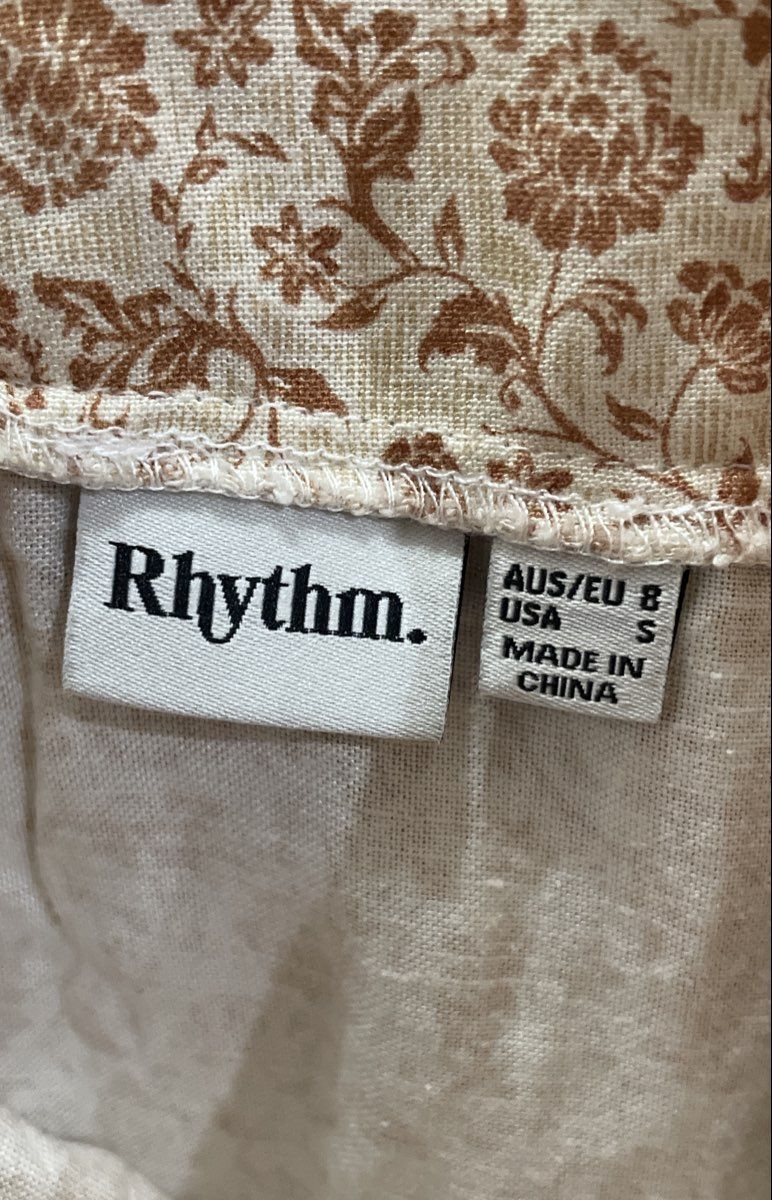 Rhythm Women's Cream Floral Rayon Ramie V-Neck Tie Waist Sundress Sz S