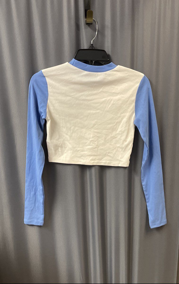 Edikted Women's Blue White FOMO Graphic Long Sleeve Crop Top Sz S NWT
