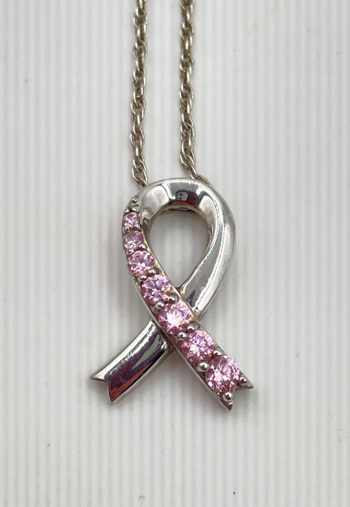 925 Sterling Silver Pink CZ Breast Cancer Awareness Ribbon Pendant Necklace 3.4g