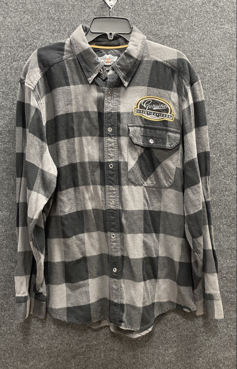 Harley-Davidson Men's Gray Black Buffalo Plaid Skull Flannel Shirt Size XL