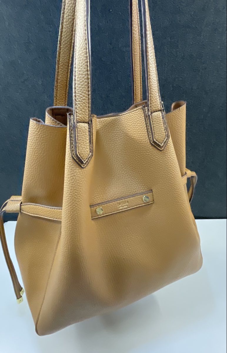 Tutilo New York Tan Pebbled Cinch Tote Bag Gold Hardware Large Handbag
