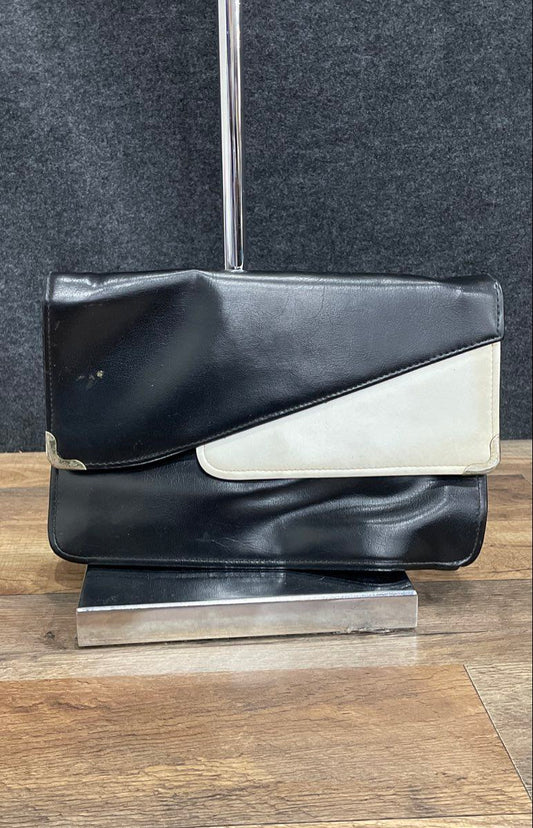Vintage 90s Black White Leather Colorblock Asymmetrical Flap Clutch Bag