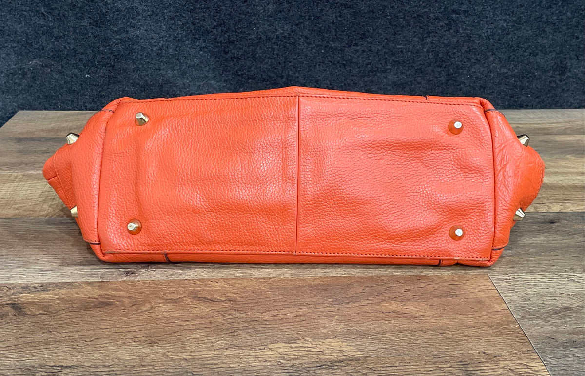 Ora Delphine Orange Pebbled Leather Satchel Handbag Gold Studs