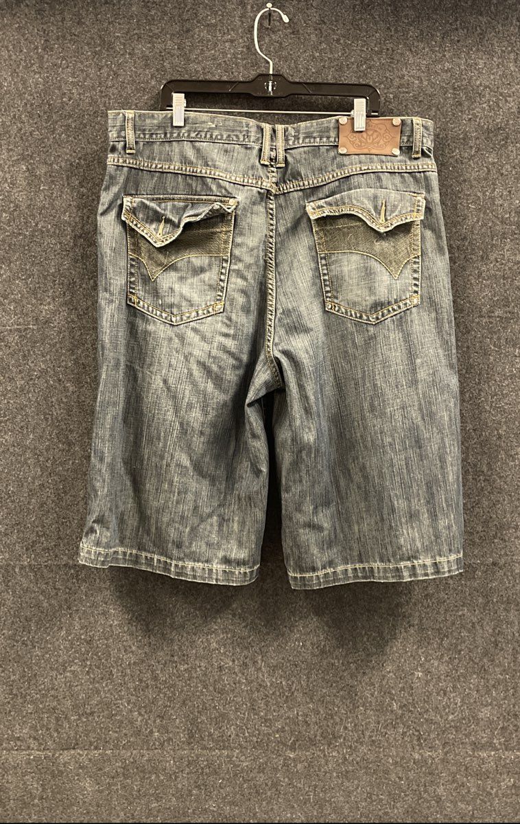 Vintage Y2K DMZ Denim Men's Blue Baggy Embroidered Back Pocket Jean Shorts Sz 42