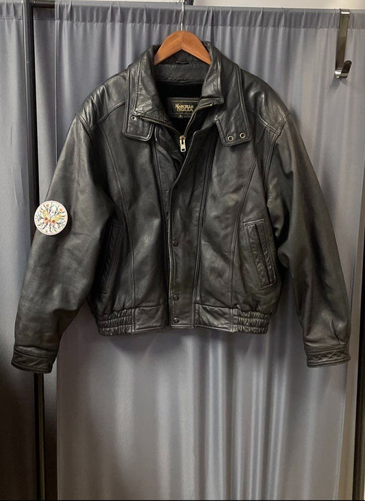 Vintage Y2K Marcello Figlia Men's Black Leather Bomber Jacket Patch Sz XL