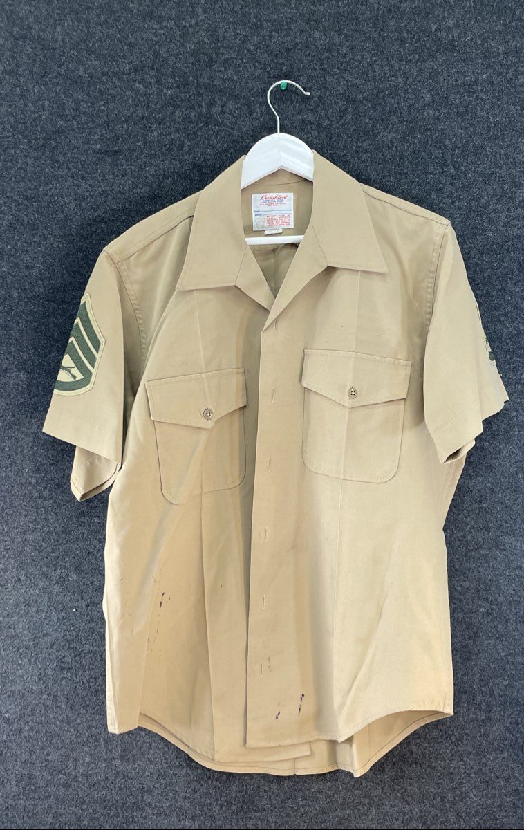 Vintage Creighton Men's USMC Khaki Short Sleeve Dress Uniform Shirt Dacron Wool