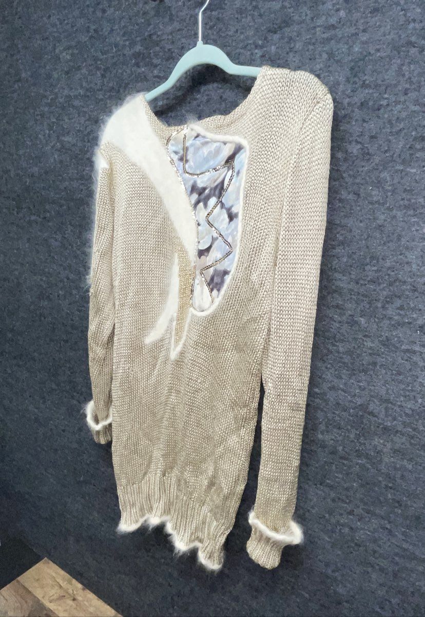 Vintage 80s Angora Blend Sequin Applique Metallic Gold Knit Sweater Sz L/XL