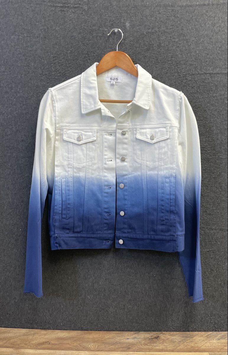 525 Women's Ombre Denim Jacket White Blue Dip Dye Frayed Hem Trucker Sz M
