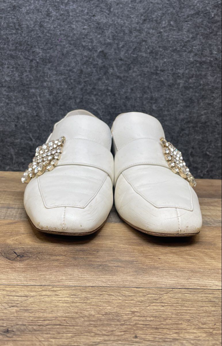 Vintage Stuart Weitzman White Leather Crystal Embellished Loafer Mules Size 9