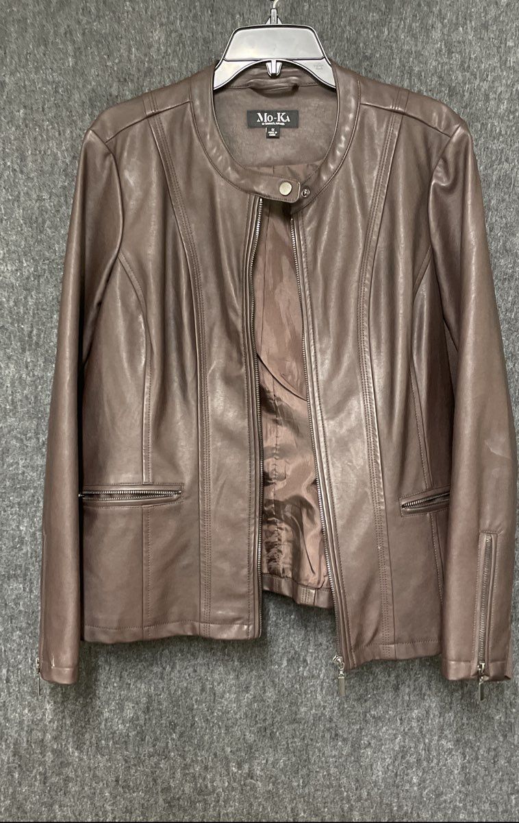 Mo-Ka Women's Brown Faux Leather Band Collar Mixed Media Zip Jacket Sz 1X