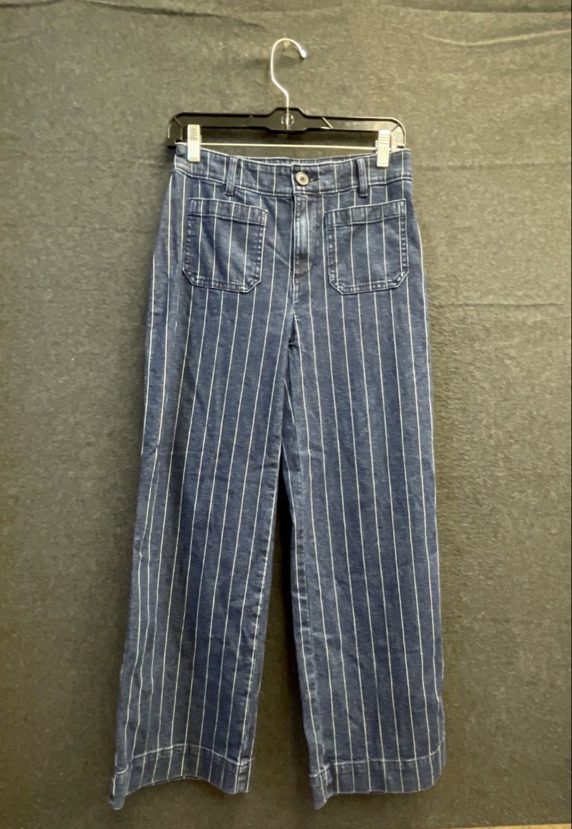 LOFT Women's Palmer Wide Leg Blue White Striped Denim Pants Sz 2P