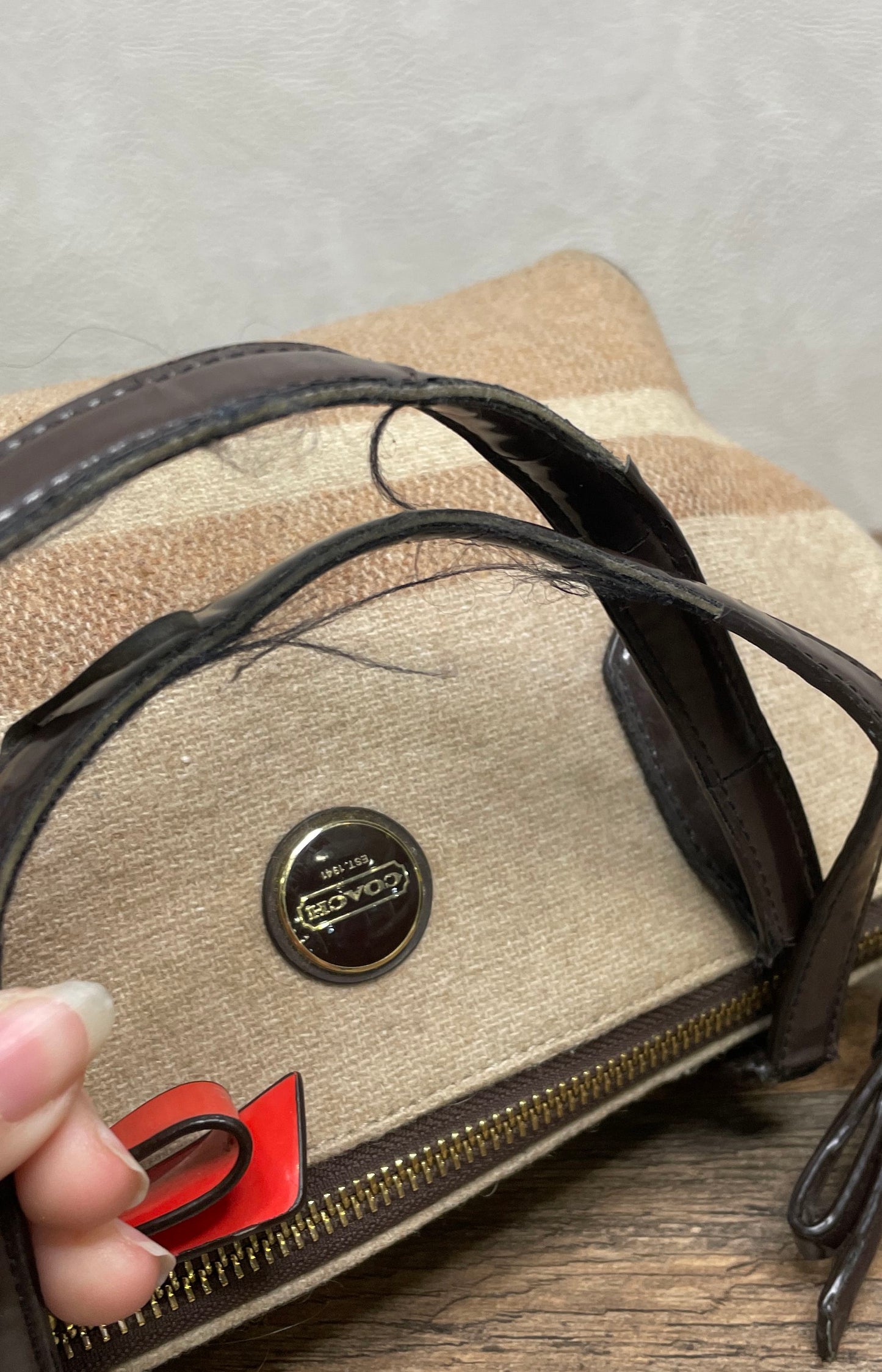 Coach Taylor Stripe Tan Canvas Satchel Handbag Brown Patent Trim Red Bow