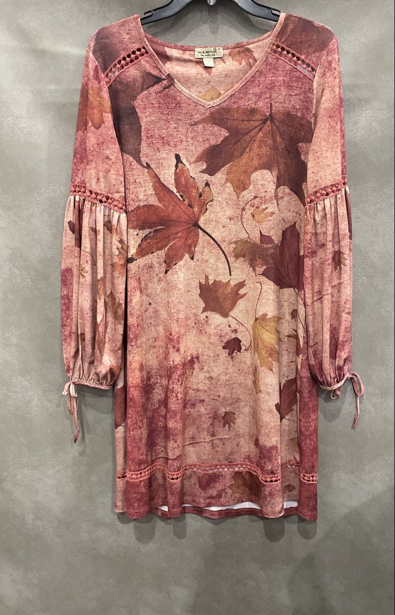 OneWorld Women's Red Floral Maple Leaf V-Neck Bishop Sleeve Lace Dress Sz S