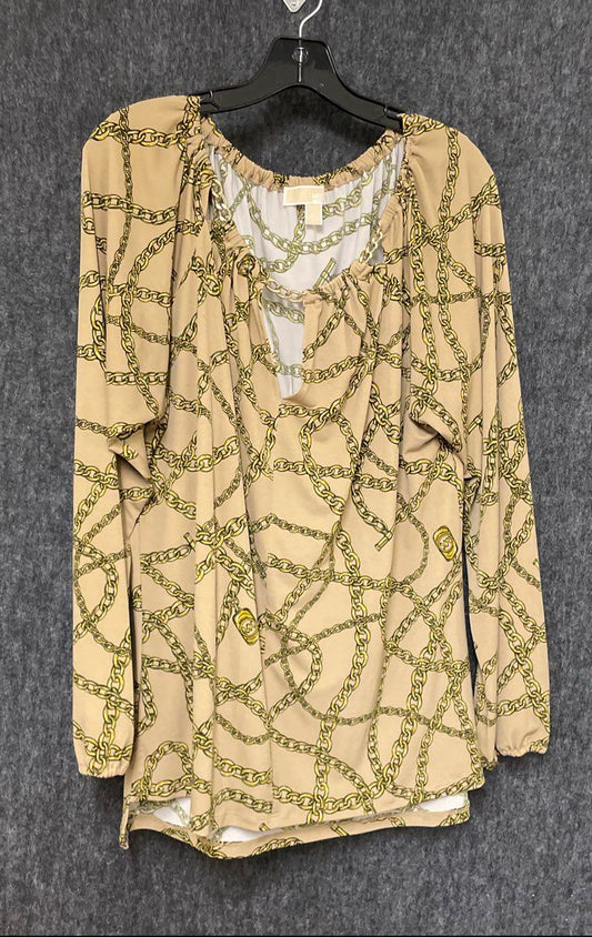 MICHAEL Michael Kors Women's Beige Gold Chain Logo Print Keyhole Blouse Sz L