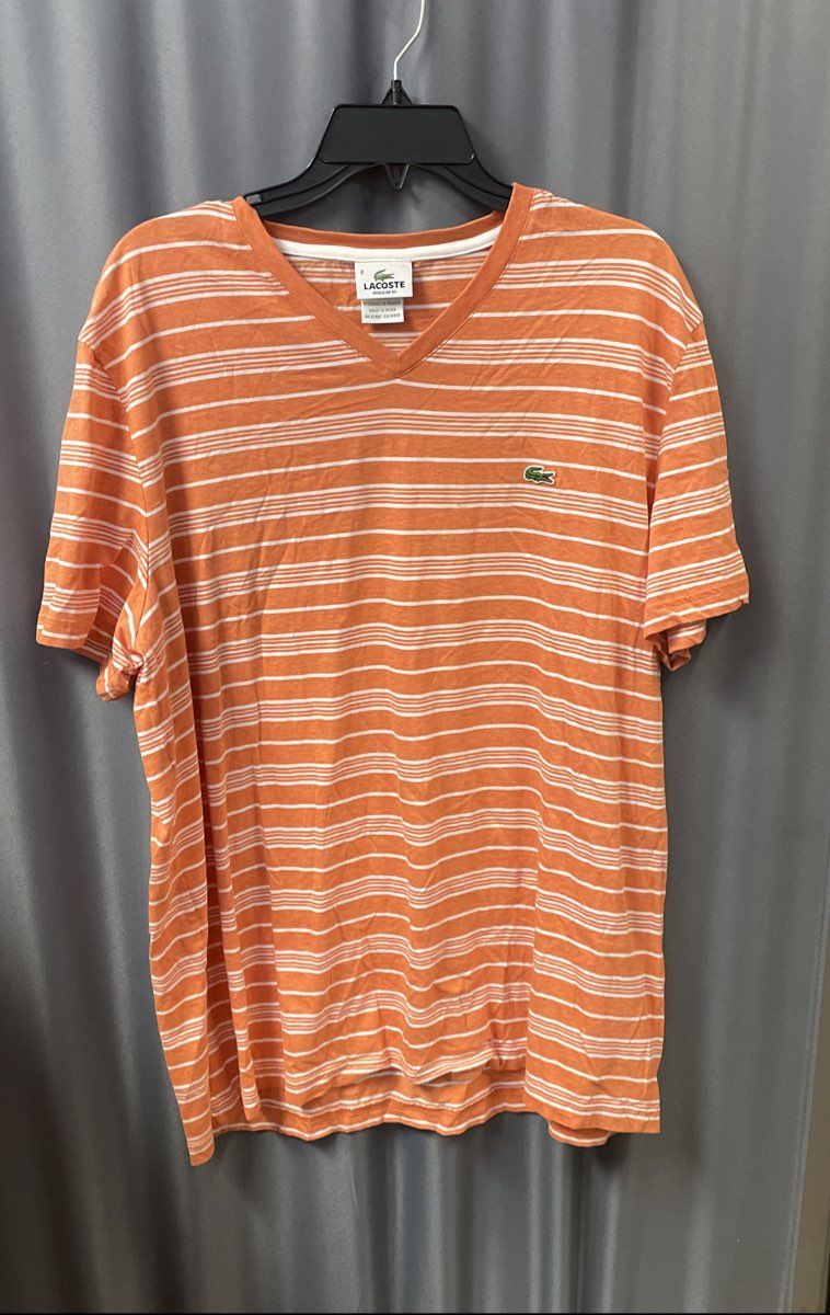 Lacoste Men's Orange White Striped V-Neck Regular Fit Cotton T-Shirt Size 8