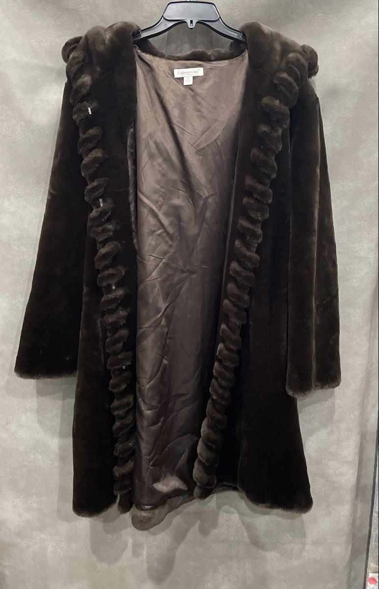 Coldwater Creek Women's Brown Faux Fur Hooded Ruffle Trim Robe Coat Plus Size 2X