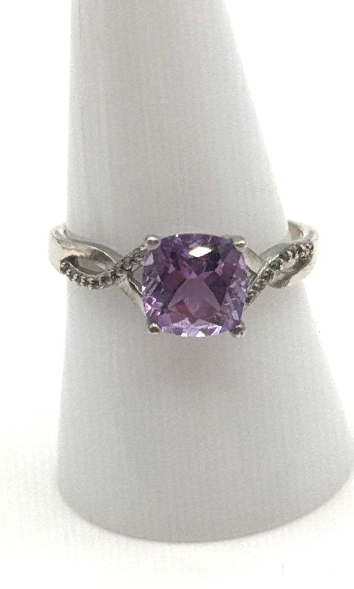 925 Sterling Silver Cushion-Cut Amethyst W/ CZ Accents Ring *Missing Stone* 2.5g