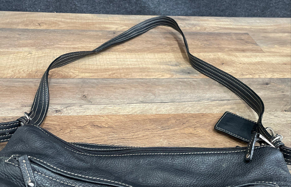 Tignanello Black Leather Multi Pocket Crossbody Shoulder Bag Silver Hardware