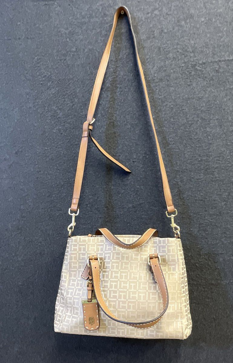 Tommy Hilfiger Tan Monogram Jacquard Crossbody Tote Bag Gold Tone Hardware
