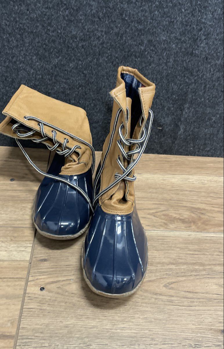 Navy Blue & Tan Duck Boots Waterproof Rain Snow Lace Up Size 10