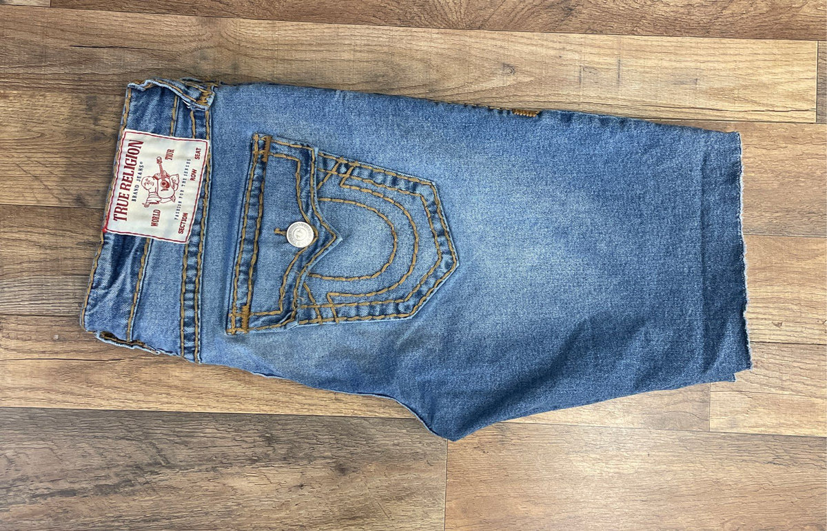 True Religion Men's Blue Ricky Relaxed Straight Cut-Off Denim Shorts Size 38