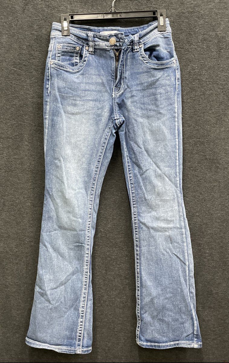 H&Y Women's Blue Embroidered Rhinestone Cross Bootcut Denim Jeans Sz 7/8