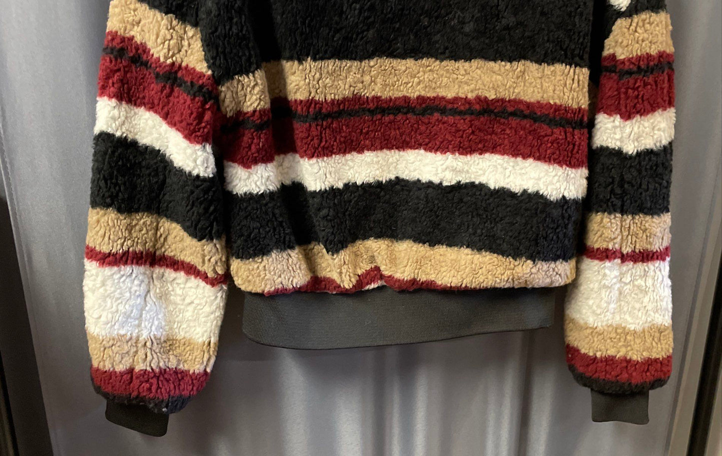 Bershka Women's Striped Zip Up Fuzzy Sherpa Jacket Ring Pull Bomber Sz S