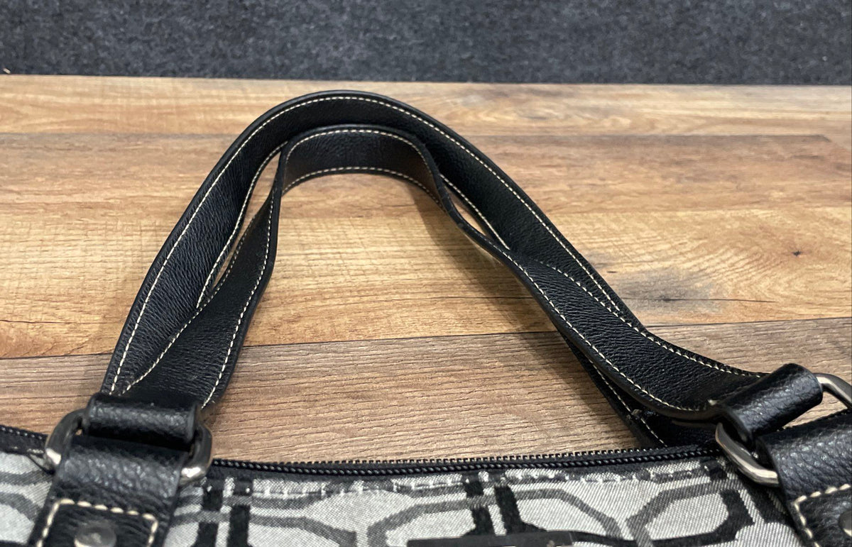 Anne Klein Grey Black Geometric Canvas Shoulder Bag Tote Silver Hardware