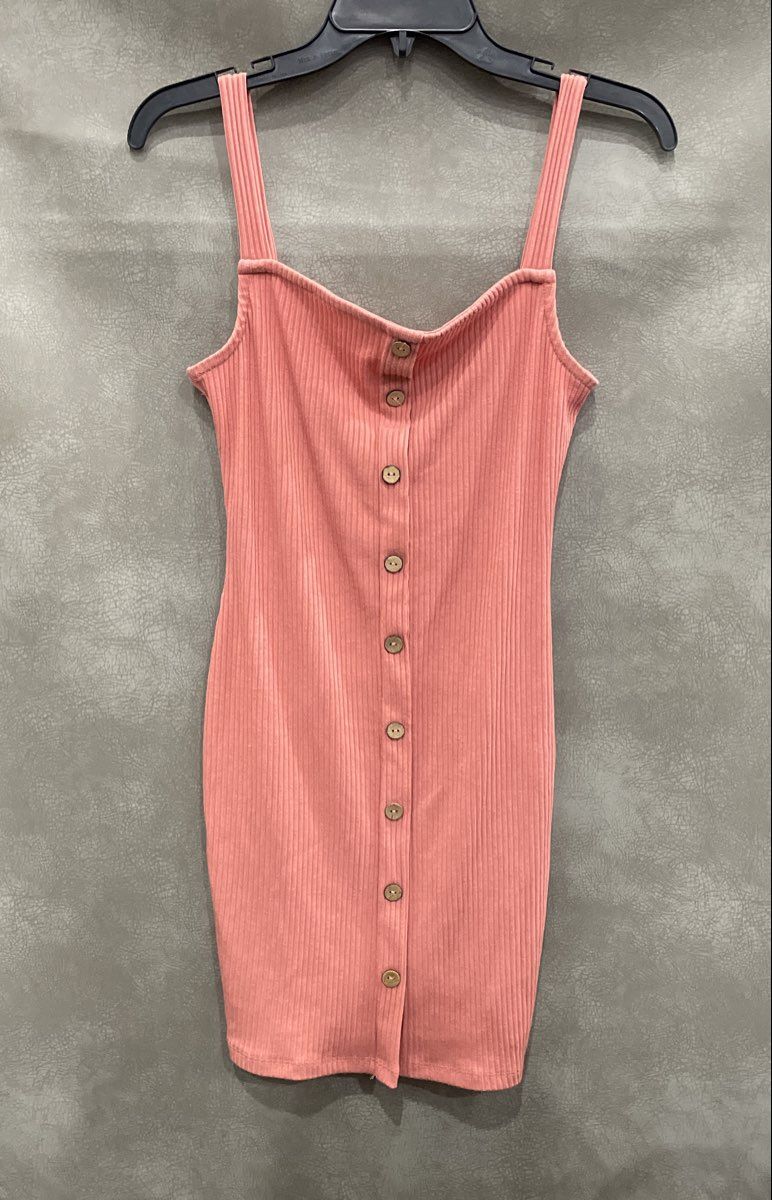 IRIS Women's Pink Ribbed Button Up Sleeveless Mini Dress Sz L