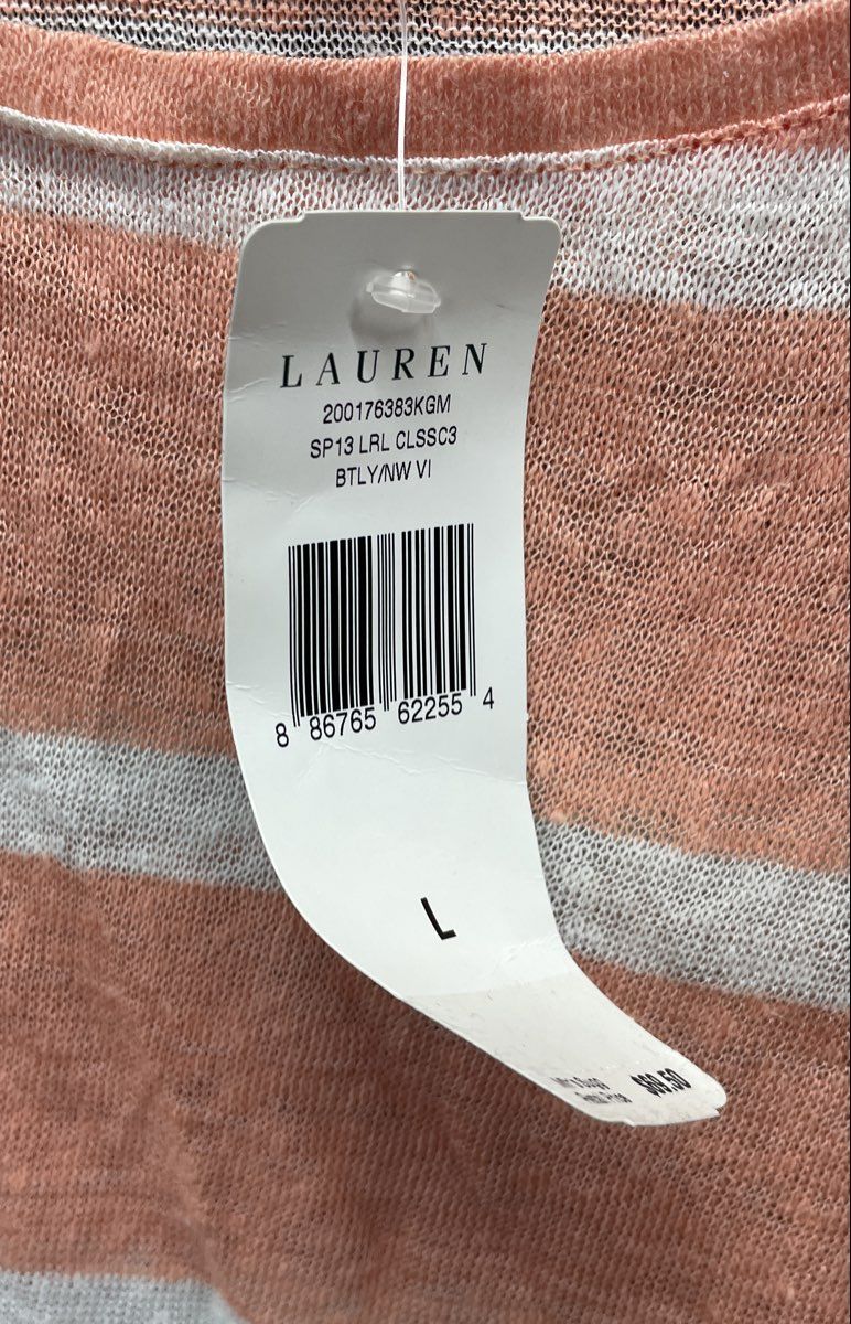 Lauren Ralph Lauren Pink White Striped 100% Linen Top Shoulder Button Sz L NWT