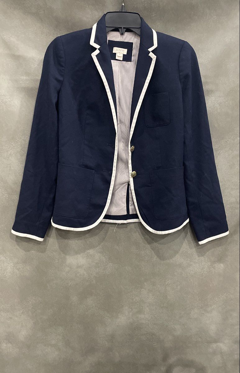 J. Crew Women's Navy Blue Schoolboy Blazer White Piping Gold Buttons Sz 00