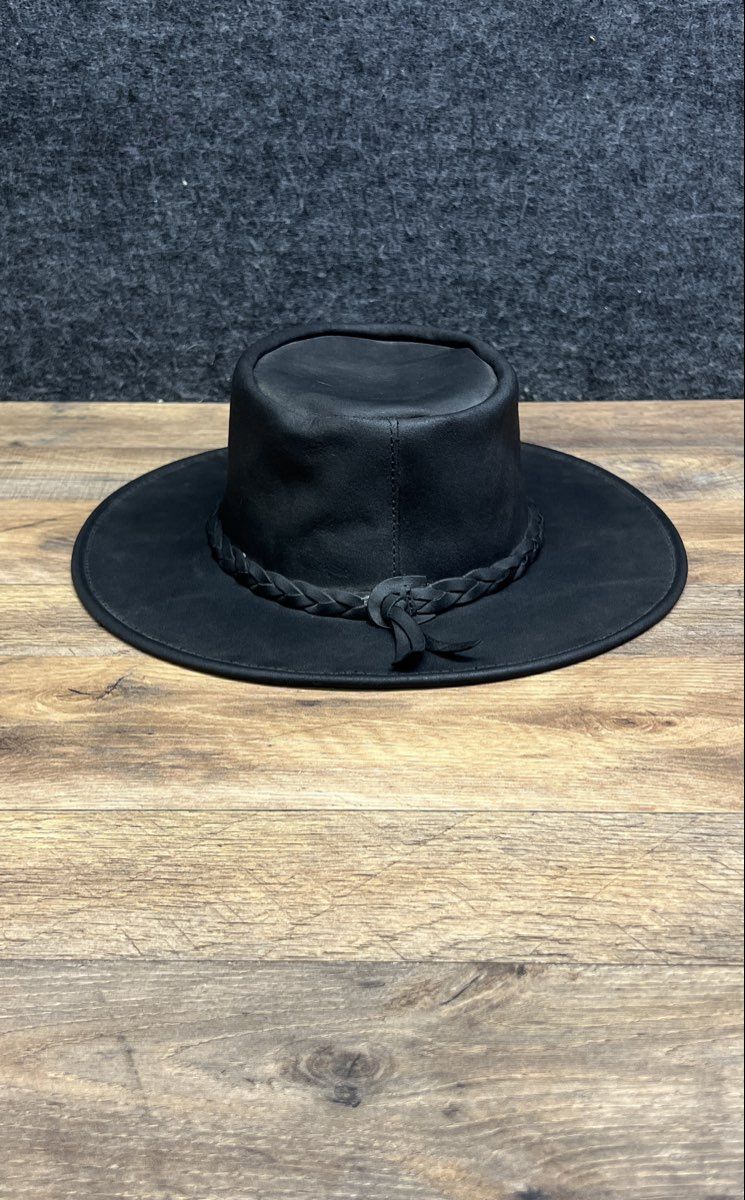 Minnetonka Unisex The Fold Up Hat Black Genuine Leather Braided Band Sz L