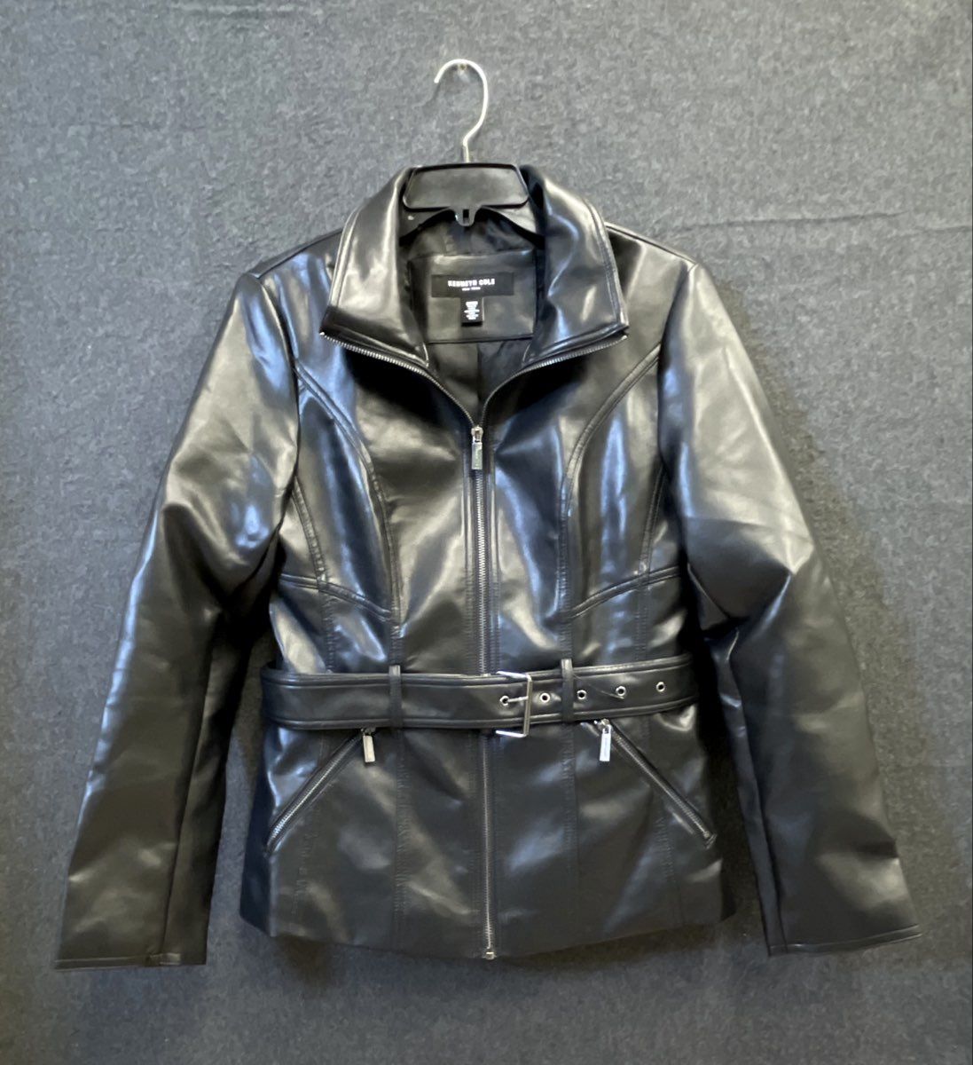 Kenneth Cole Women's Black Belted Leather Jacket Zip Front Moto Sz S