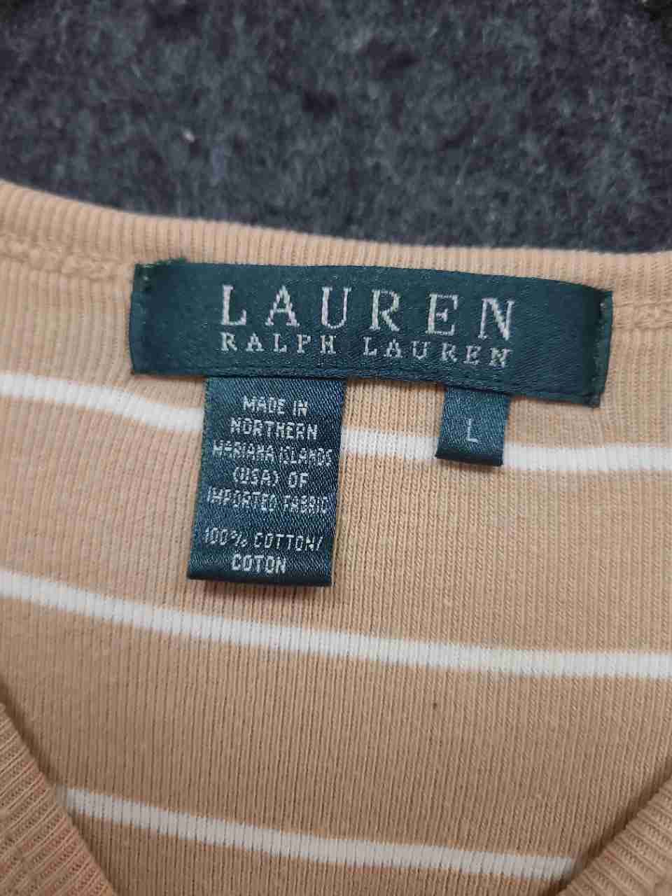 Lauren Ralph Lauren Women's Tan White Striped 3/4 Sleeve Top Sz L