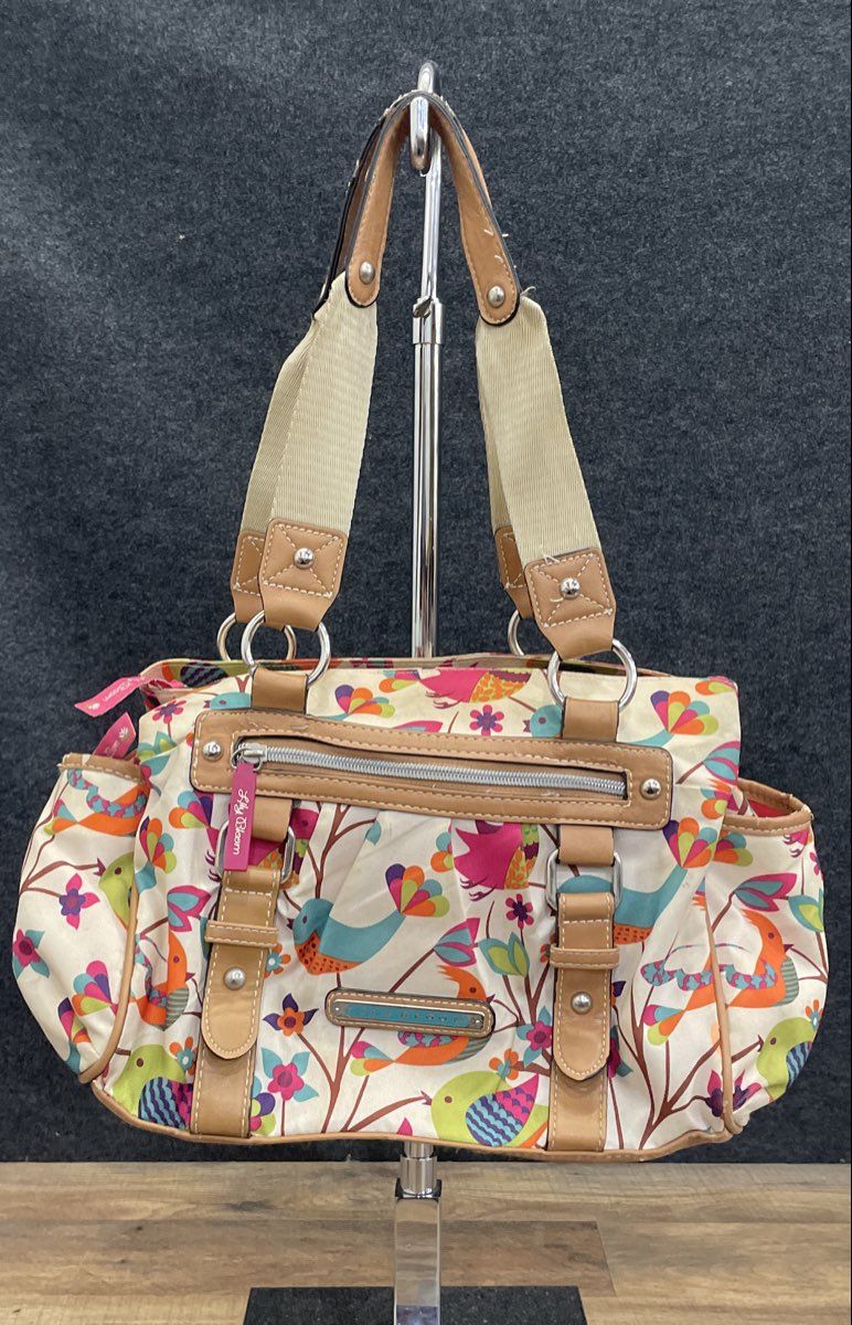 Lily Bloom White Multi-Color Bird Floral Canvas Shoulder Bag Satchel Purse