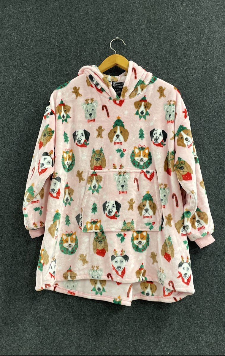 Throwzy by Marlo Lorenz Women's Pink Christmas Dog Wearable Blanket Hoodie OS