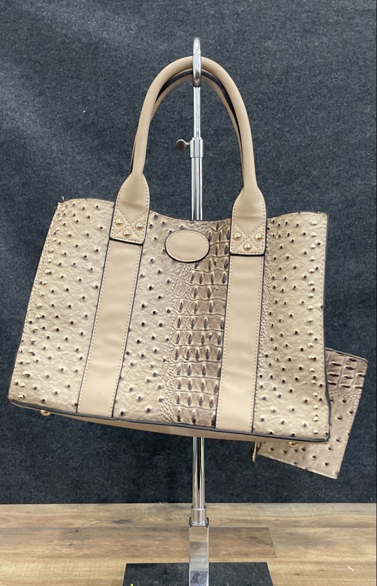 Beige Ostrich Crocodile Embossed Studded Turn-Lock Tote Bag with Pouch