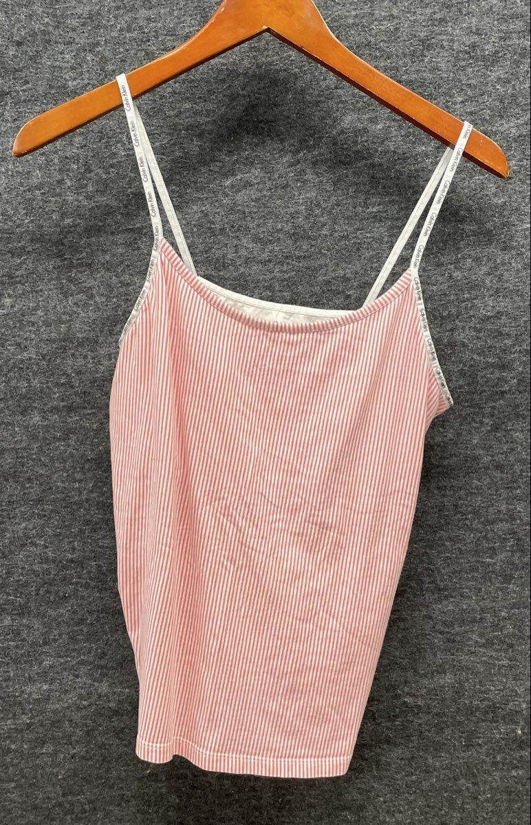 Calvin Klein Women's Pink White Striped Sleepwear Tank Top Logo Straps Sz L